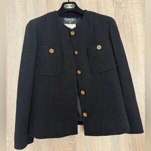 Rare Vintage Chanel Boutique Black Wool Jacket with Iconic CC Buttons